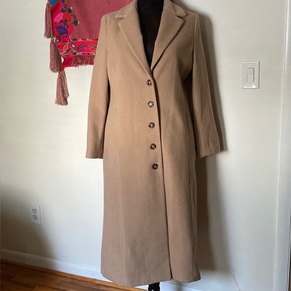 Vintage Wool Blend Long Tan Camel Coat Button Down Trench Oversized Jacket - Picture 3 of 14
